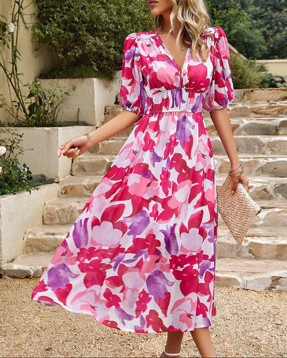 Waist V-neck Printed Dress