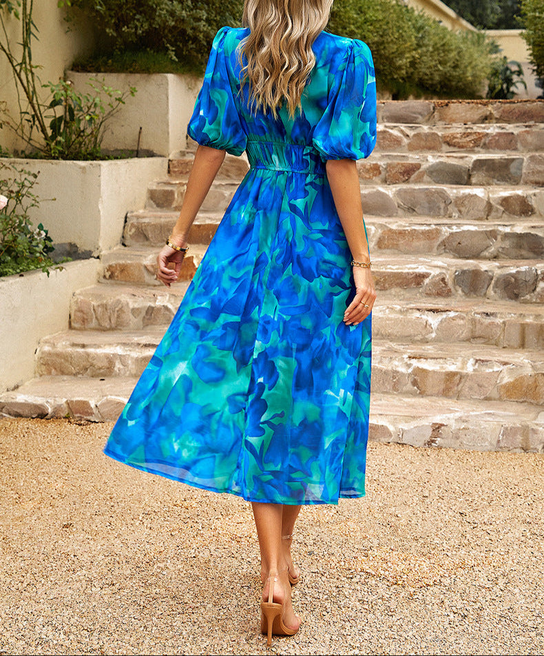 Waist V-neck Printed Dress