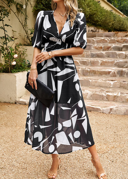 Waist V-neck Printed Dress