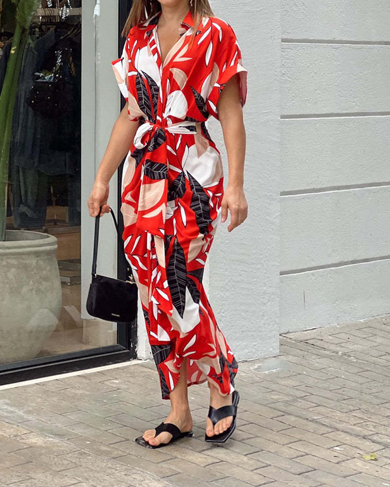 Shirt style, Waist-length, Lapel printed dress