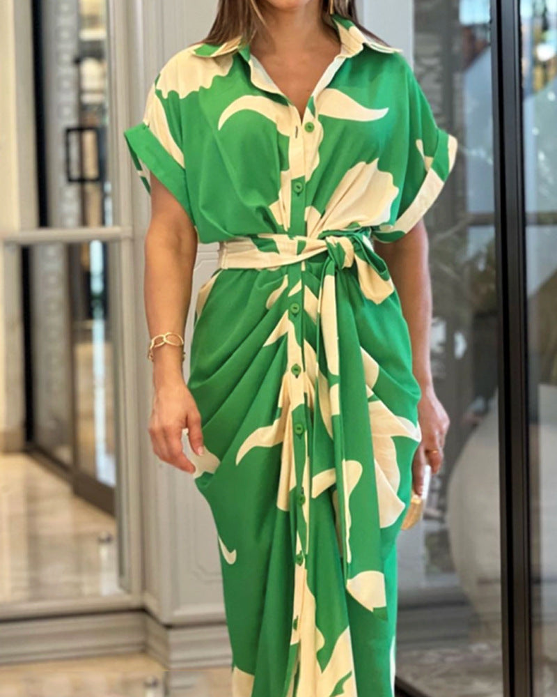 Shirt style, Waist-length, Lapel printed dress