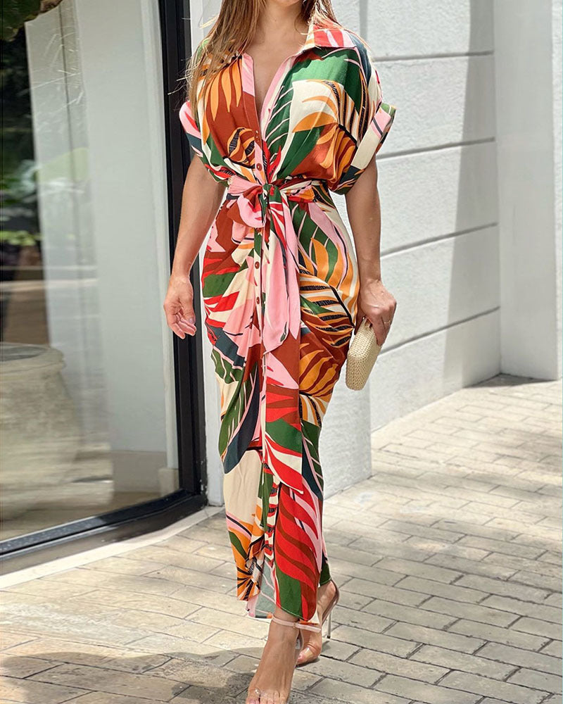 Shirt style, Waist-length, Lapel printed dress