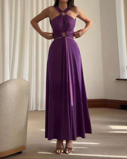 Solid Color, Tie-back, Waist-hugging, Hollow Dress