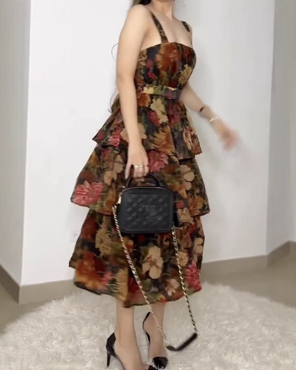 Brown Floral Layered, Fitted Waist, Slip Dress