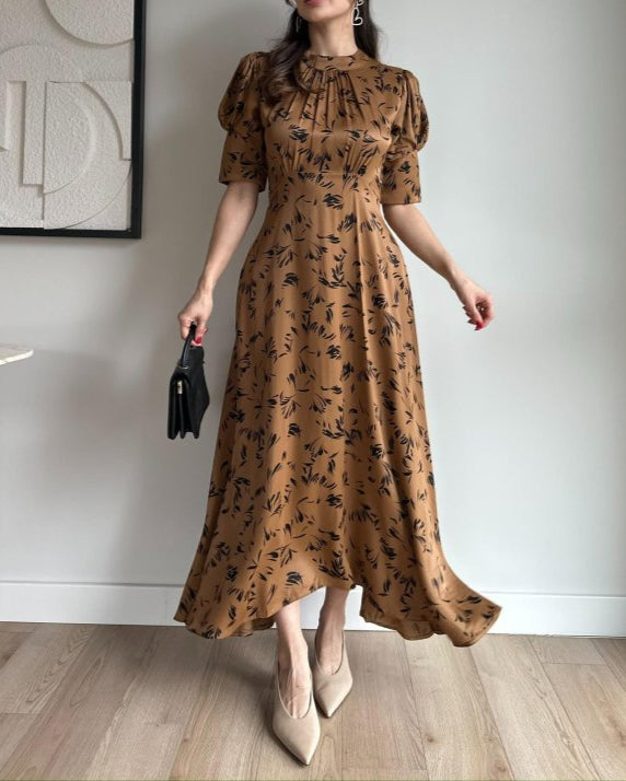 Satin Print, Smooth to the Touch, Short Sleeves, Waisted Maxi Dress