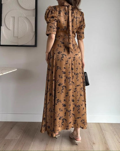 Satin Print, Smooth to the Touch, Short Sleeves, Waisted Maxi Dress