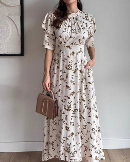 Satin Print, Smooth to the Touch, Short Sleeves, Waisted Maxi Dress