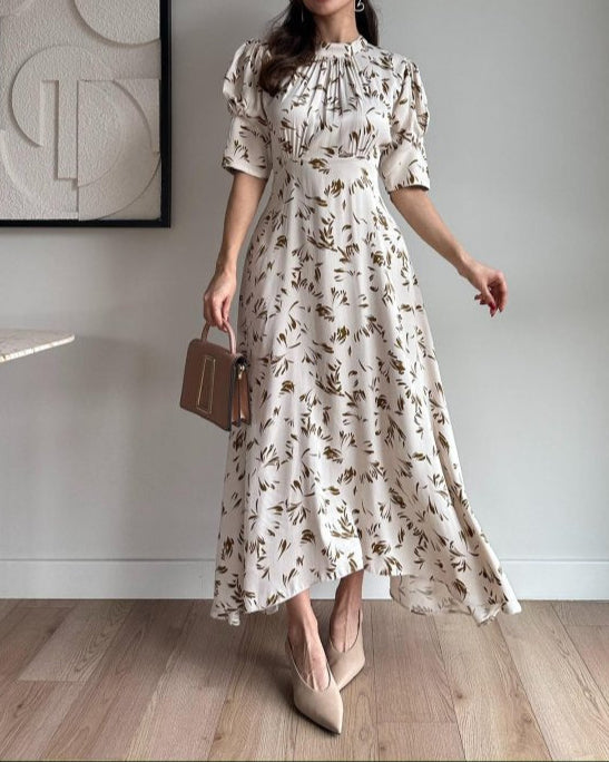 Satin Print, Smooth to the Touch, Short Sleeves, Waisted Maxi Dress