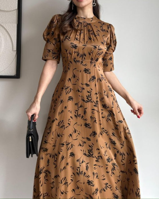 Satin Print, Smooth to the Touch, Short Sleeves, Waisted Maxi Dress