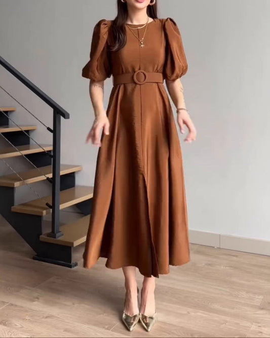 Solid Color Round Neck Short Sleeve Waist Long Skirt