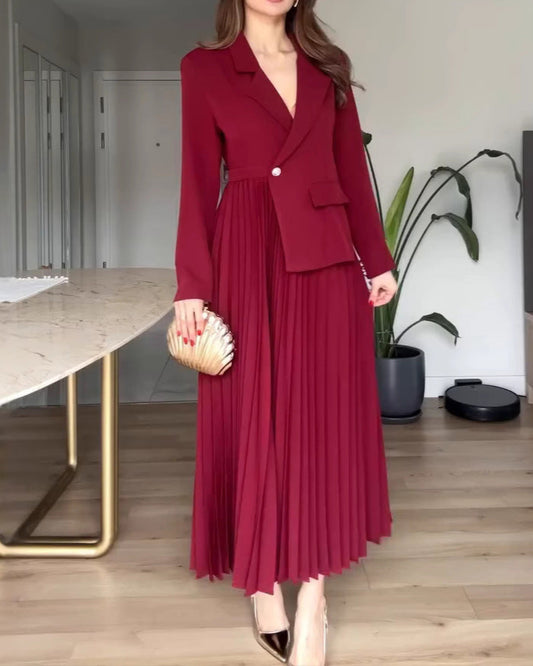 Irregular Stitching, Suit Collar, Pocket Long Sleeve Pleated Dress