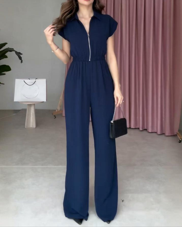 V-neck Solid Color, Elastic Waist, Slim Fit Wide Leg Jumpsuit
