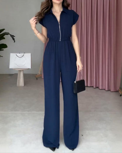 V-neck Solid Color, Elastic Waist, Slim Fit Wide Leg Jumpsuit