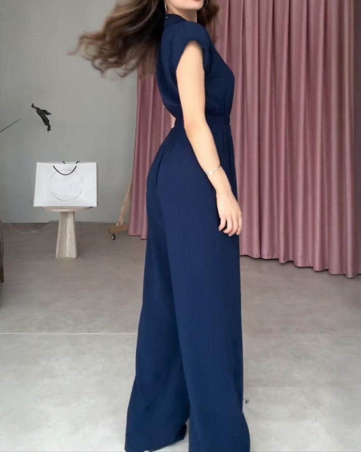 V-neck Solid Color, Elastic Waist, Slim Fit Wide Leg Jumpsuit