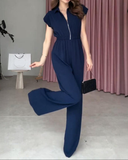 V-neck Solid Color, Elastic Waist, Slim Fit Wide Leg Jumpsuit