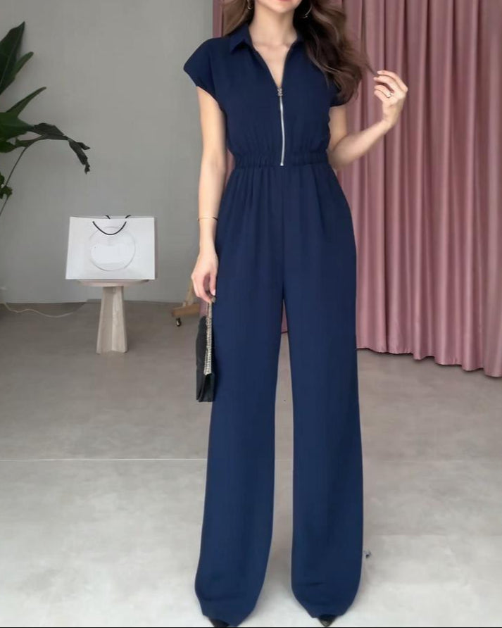 V-neck Solid Color, Elastic Waist, Slim Fit Wide Leg Jumpsuit