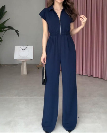 V-neck Solid Color, Elastic Waist, Slim Fit Wide Leg Jumpsuit