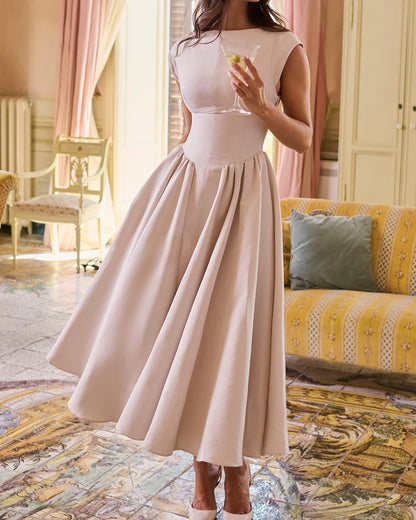Backless Round Neck, Sleeveless Vest, French Solid Color Dress
