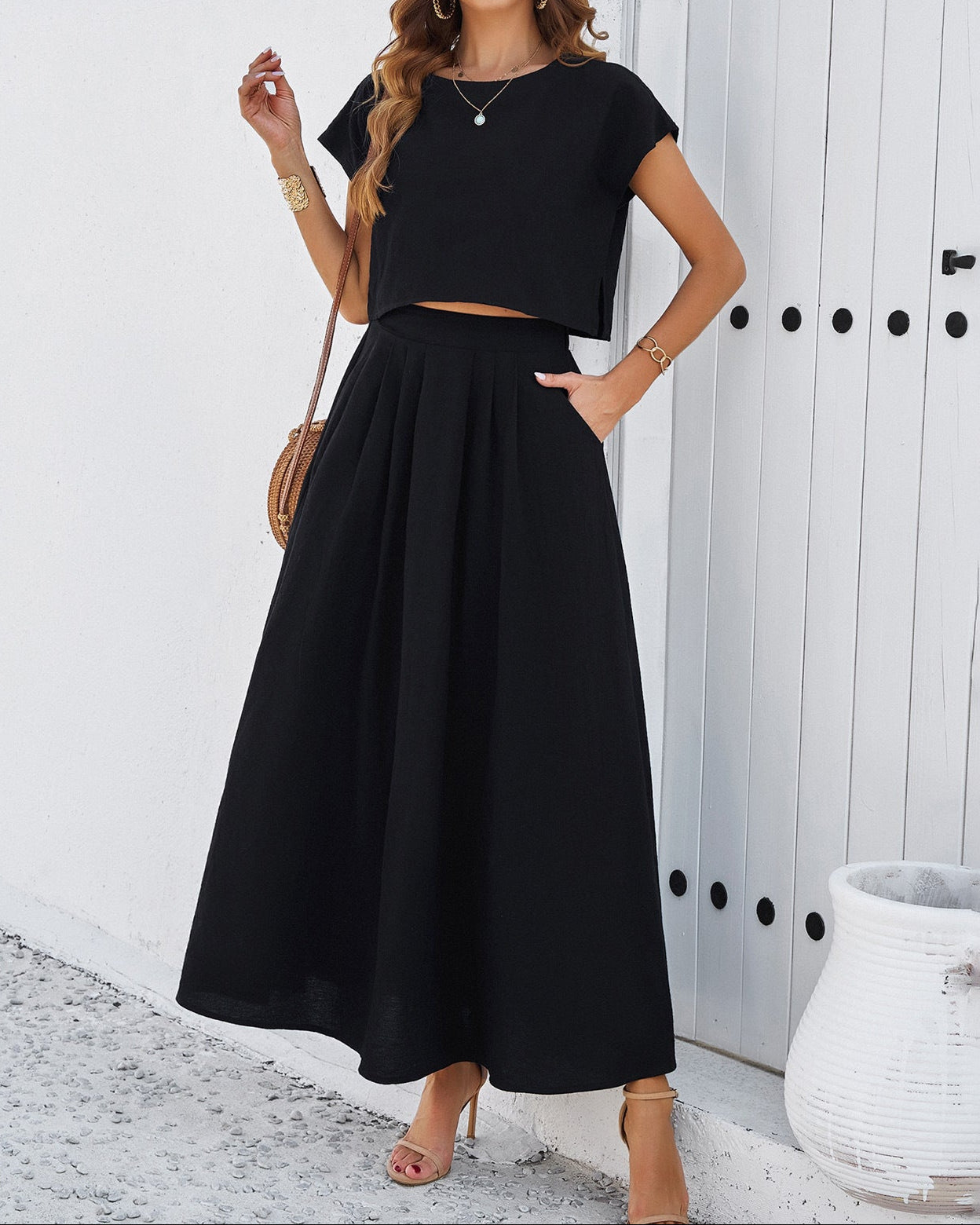 Solid Color, Sleeveless Vest Top and Skirt Set
