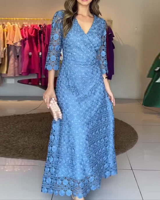 Blue V-neck Hollow Lace Dress