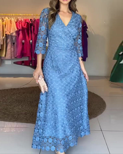 Blue V-neck Hollow Lace Dress