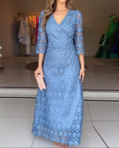 Blue V-neck Hollow Lace Dress