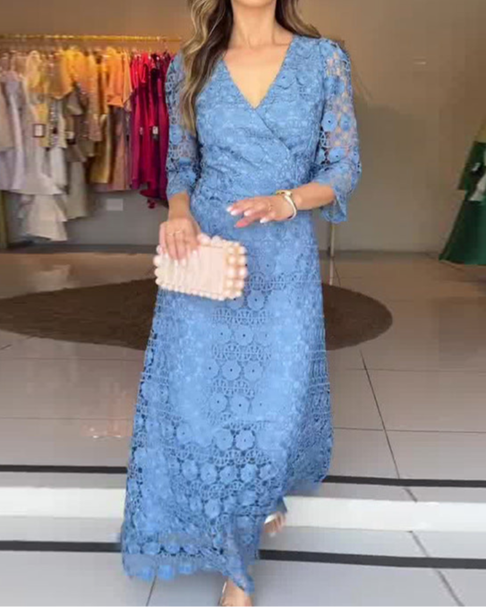 Blue V-neck Hollow Lace Dress