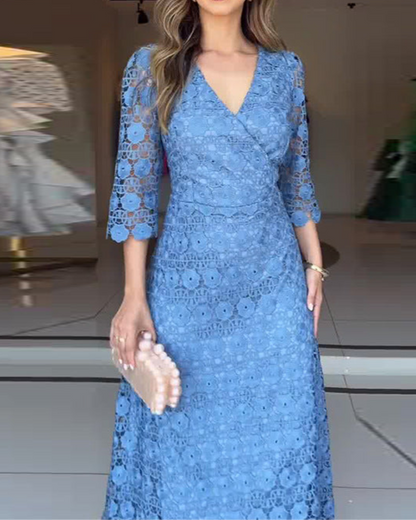 Blue V-neck Hollow Lace Dress