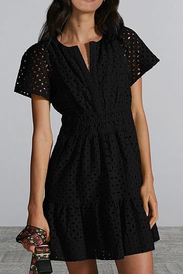 V-neck A-line Hollow Lace Mini Dress