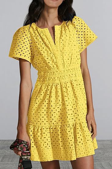 V-neck A-line Hollow Lace Mini Dress