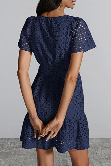 V-neck A-line Hollow Lace Mini Dress