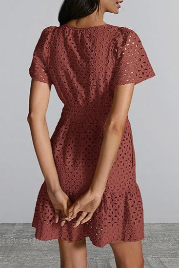 V-neck A-line Hollow Lace Mini Dress