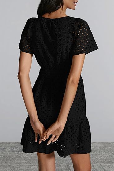V-neck A-line Hollow Lace Mini Dress