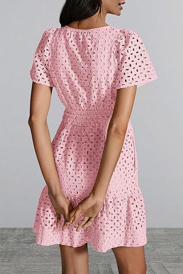 V-neck A-line Hollow Lace Mini Dress