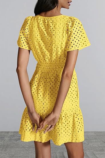 V-neck A-line Hollow Lace Mini Dress