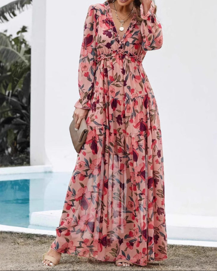 V-neck Chiffon Floral, Bohemian Dress