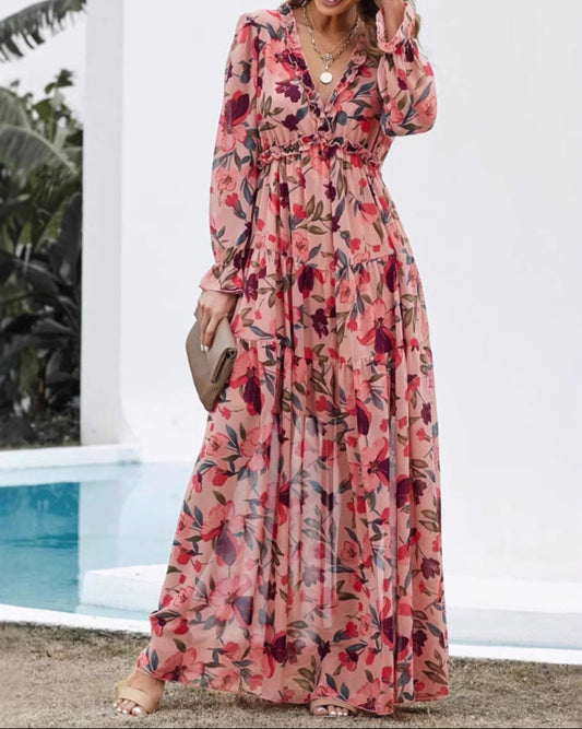 V-neck Chiffon Floral, Bohemian Dress