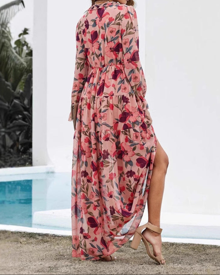 V-neck Chiffon Floral, Bohemian Dress