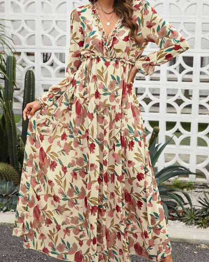 V-neck Chiffon Floral, Bohemian Dress