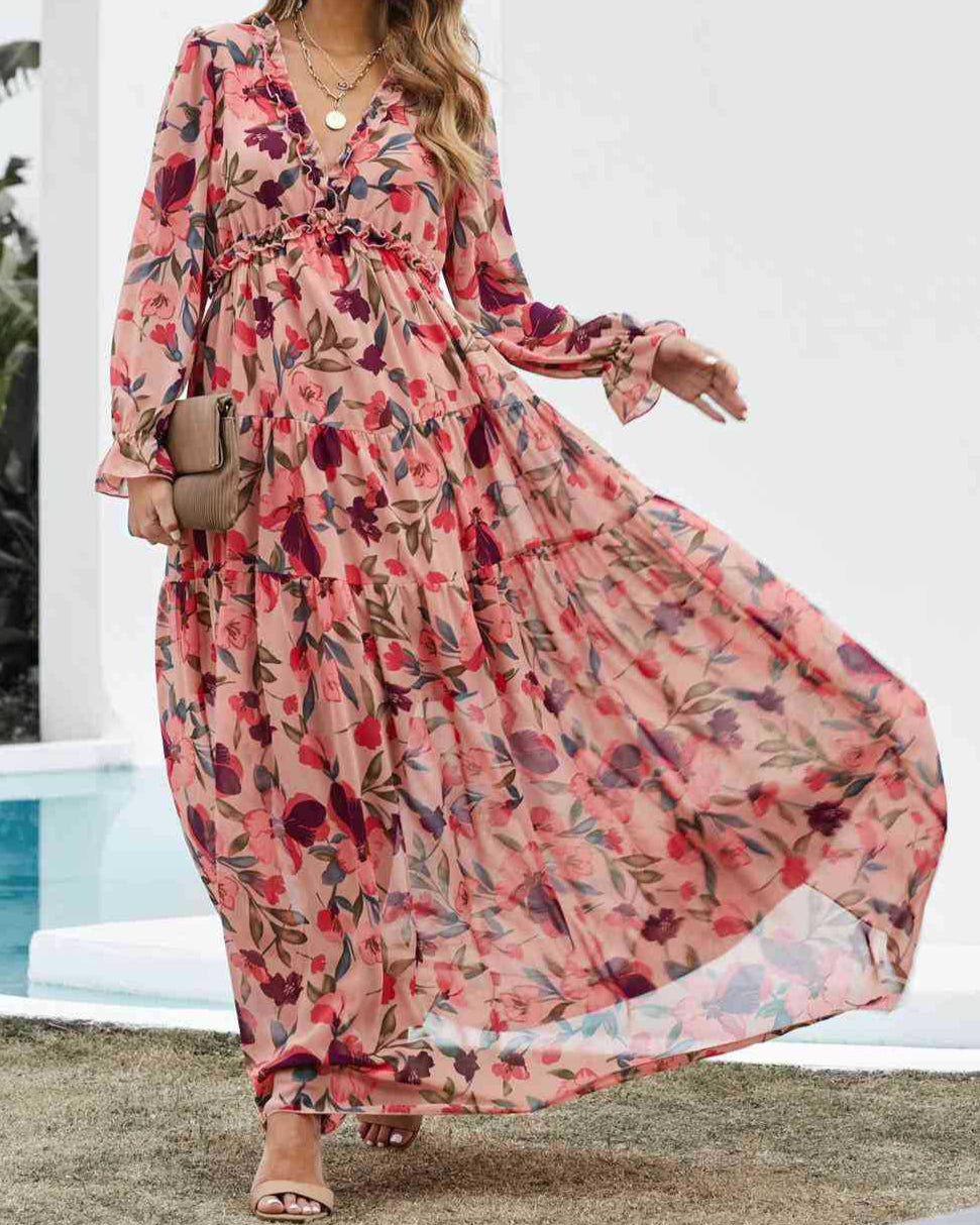 V-neck Chiffon Floral, Bohemian Dress