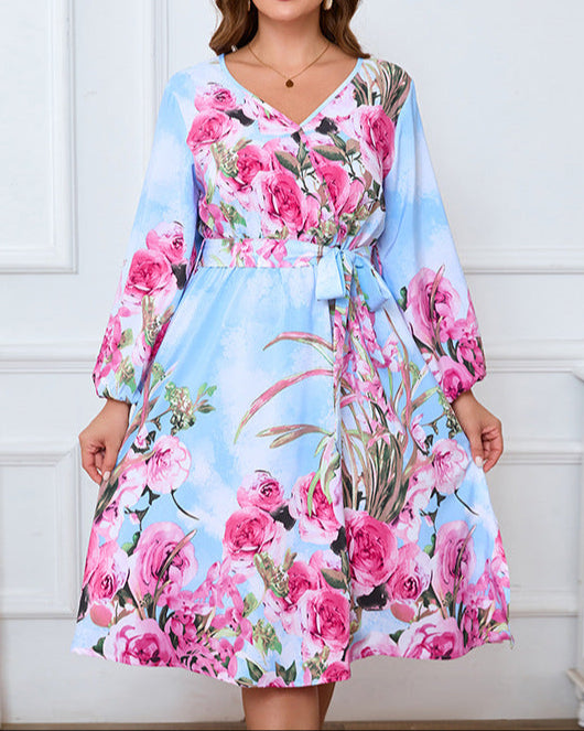 Large Size，V-neck Long Sleeve Printed Midi Skirt