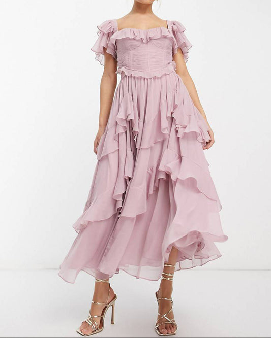 U-neck Lace Cake Skirt Ruffle Dress