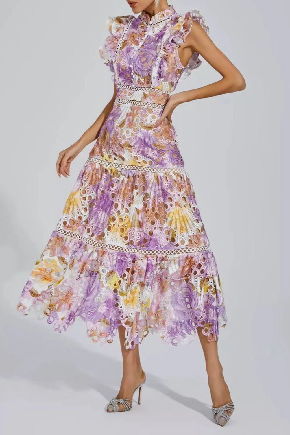 Ruffled Printed Embroidered Hollow Long Skirt