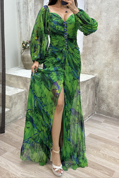 Diamond, Pleated Print, Long Sleeve Dress