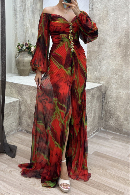 Diamond, Pleated Print, Long Sleeve Dress