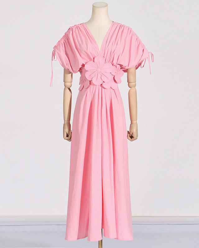 V-neck Long Dress With Patchwork Flowers