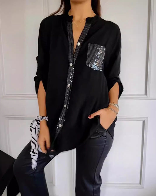 Stand Collar Sequin Pocket Cardigan Top
