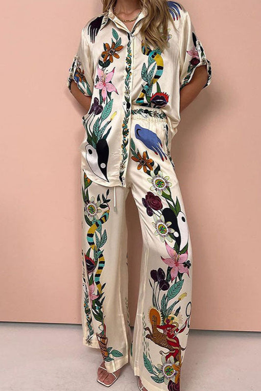 Printed Shirt and Wide-leg Pants Fashion suit