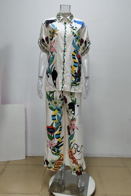 Printed Shirt and Wide-leg Pants Fashion suit