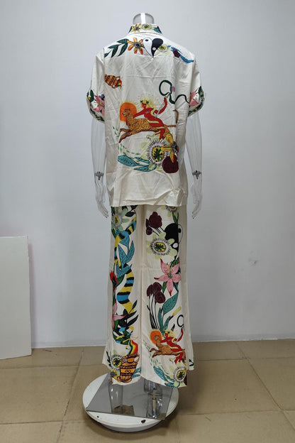 Printed Shirt and Wide-leg Pants Fashion suit